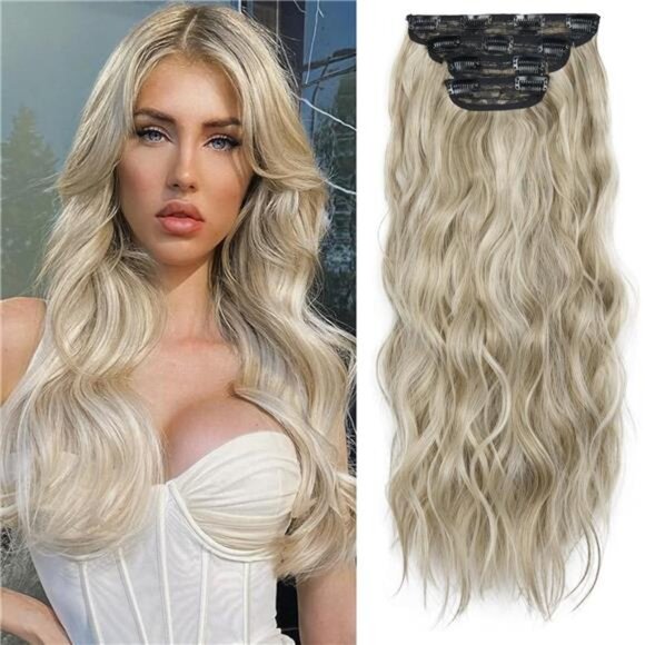 4PCS Clip in Hair Extensions, Blonde Highlights Bleach Blonde